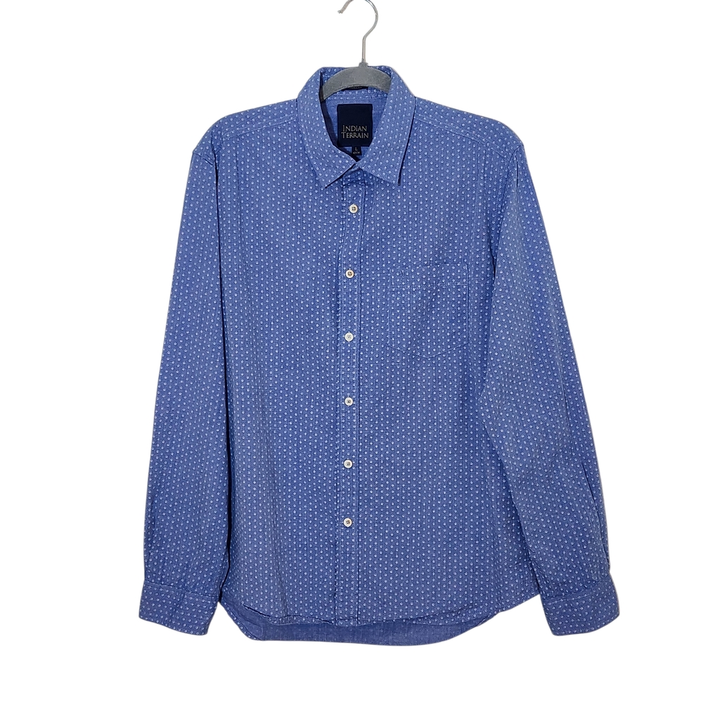 Indian Terrain Blue Mens Long Sleeve Dress Shirt with Diamond Pattern Size Large